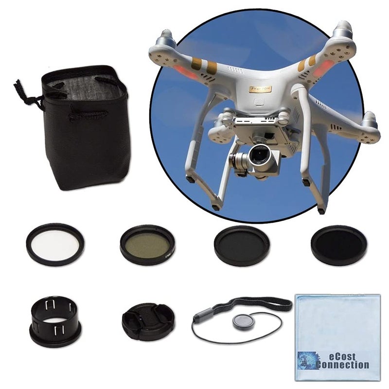 eCostConnection 37MM Filter Kit for DJI Phantom 3 Series Drones. Kit Includes: CPL, ND4, ND8, UV, Lens Cap, Cap Keeper + eCostConnection Microfiber Cloth - Image 1